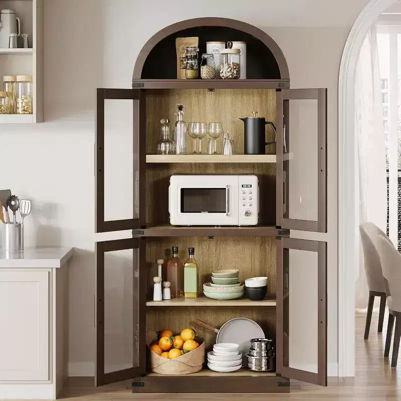 Bibliothèque arquée de 183 cm avec portes vitrées, Armoire de rangement en bois à 6 niveaux pour salon, cuisine ou bureau, Étagères de présentation de style ferme