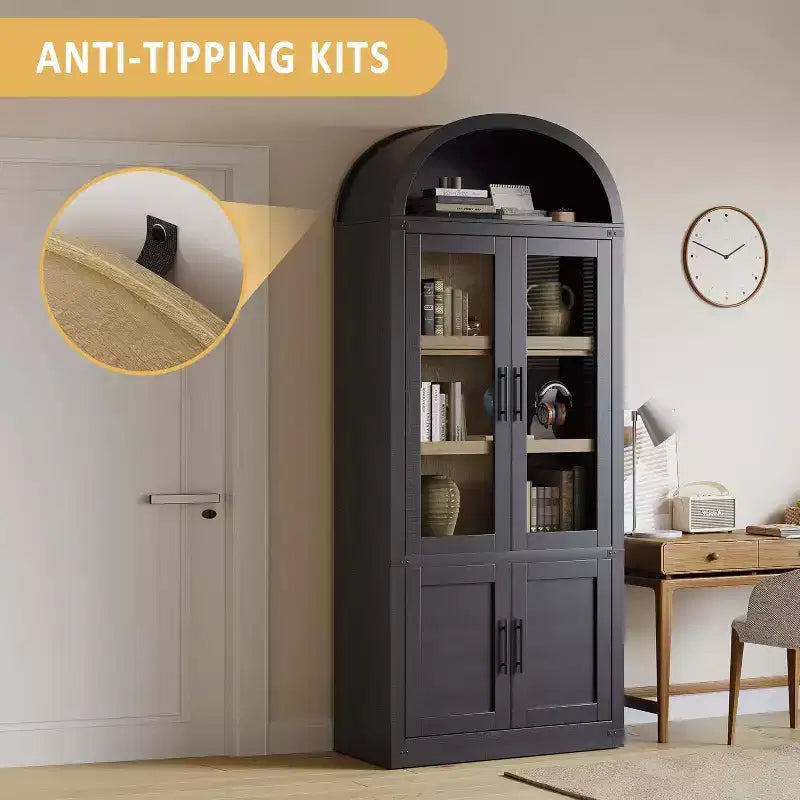 Bibliothèque arquée de 183 cm avec portes vitrées, Armoire de rangement en bois à 6 niveaux pour salon, cuisine ou bureau, Étagères de présentation de style ferme