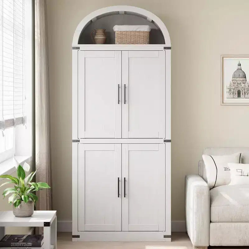 Bibliothèque arquée de 183 cm avec portes vitrées, Armoire de rangement en bois à 6 niveaux pour salon, cuisine ou bureau, Étagères de présentation de style ferme