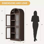 Bibliothèque arquée de 183 cm avec portes vitrées, Armoire de rangement en bois à 6 niveaux pour salon, cuisine ou bureau, Étagères de présentation de style ferme