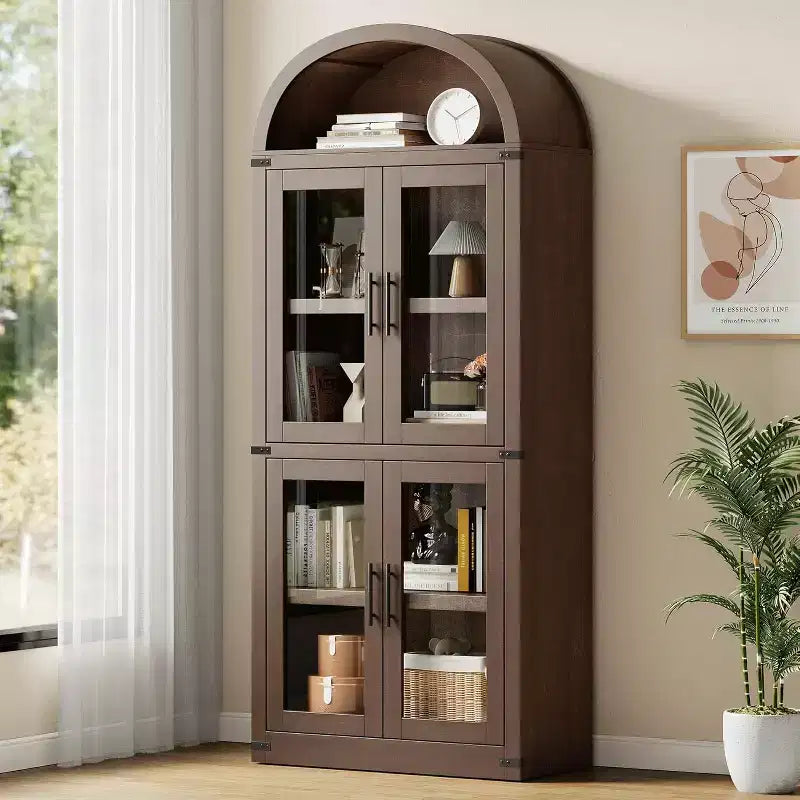 Bibliothèque arquée de 183 cm avec portes vitrées, Armoire de rangement en bois à 6 niveaux pour salon, cuisine ou bureau, Étagères de présentation de style ferme