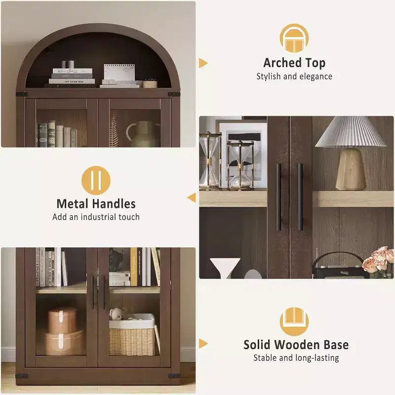 Bibliothèque arquée de 183 cm avec portes vitrées, Armoire de rangement en bois à 6 niveaux pour salon, cuisine ou bureau, Étagères de présentation de style ferme