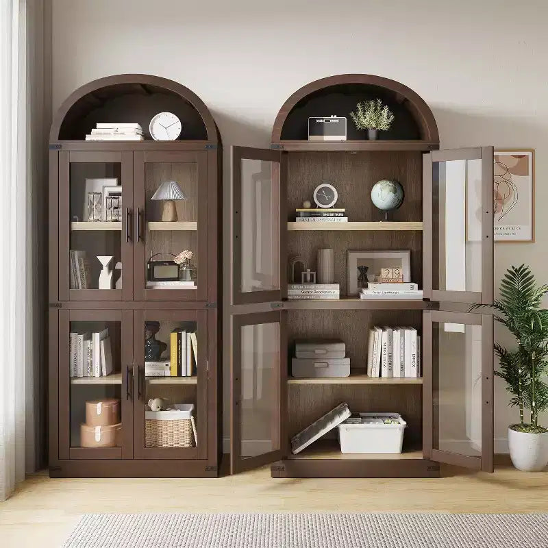 Bibliothèque arquée de 183 cm avec portes vitrées, Armoire de rangement en bois à 6 niveaux pour salon, cuisine ou bureau, Étagères de présentation de style ferme