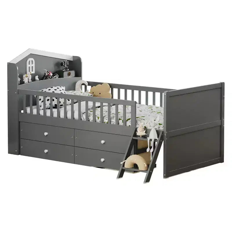 Lit double en bois Whisen, lit plateforme avec 4 tiroirs de rangement, tête de lit avec barrière de protection et échelle