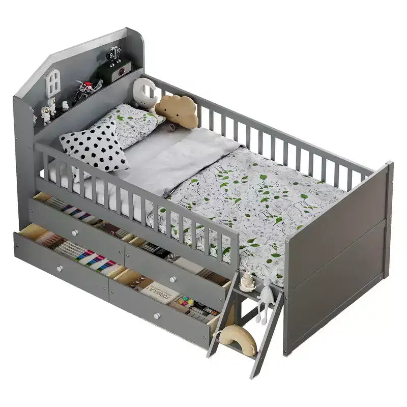 Lit double en bois Whisen, lit plateforme avec 4 tiroirs de rangement, tête de lit avec barrière de protection et échelle