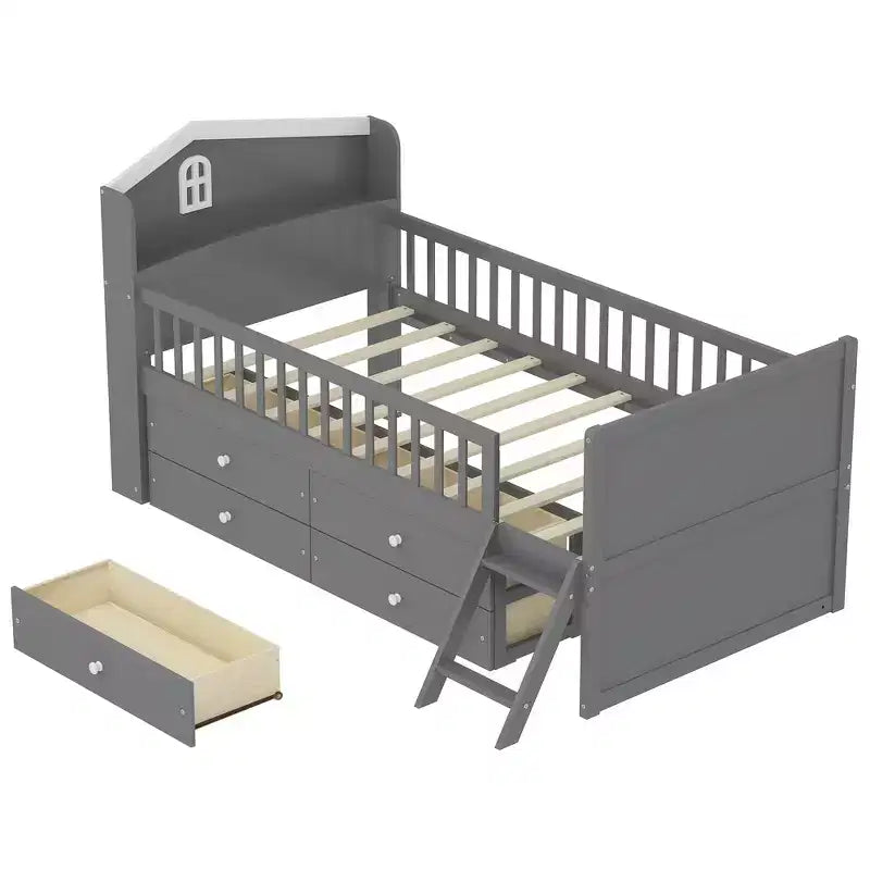 Lit double en bois Whisen, lit plateforme avec 4 tiroirs de rangement, tête de lit avec barrière de protection et échelle