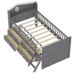 Lit double en bois Whisen, lit plateforme avec 4 tiroirs de rangement, tête de lit avec barrière de protection et échelle