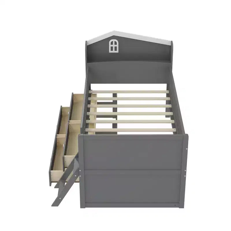 Lit double en bois Whisen, lit plateforme avec 4 tiroirs de rangement, tête de lit avec barrière de protection et échelle