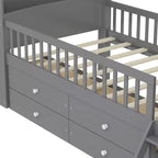 Lit double en bois Whisen, lit plateforme avec 4 tiroirs de rangement, tête de lit avec barrière de protection et échelle