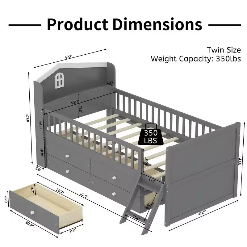 Lit double en bois Whisen, lit plateforme avec 4 tiroirs de rangement, tête de lit avec barrière de protection et échelle