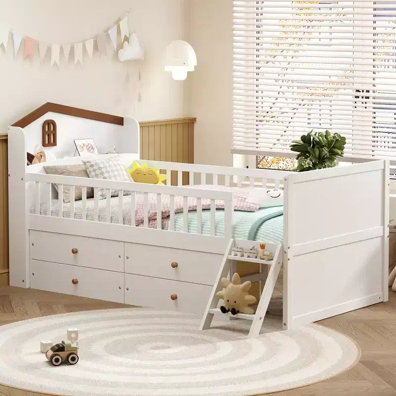 Lit double en bois Whisen, lit plateforme avec 4 tiroirs de rangement, tête de lit avec barrière de protection et échelle