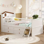 Lit double en bois Whisen, lit plateforme avec 4 tiroirs de rangement, tête de lit avec barrière de protection et échelle