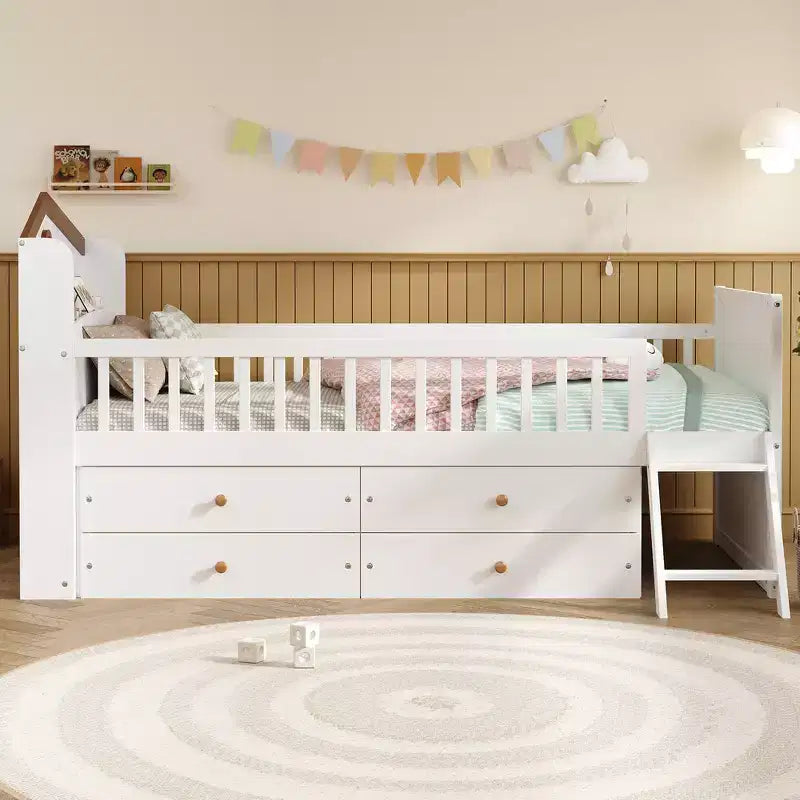 Lit double en bois Whisen, lit plateforme avec 4 tiroirs de rangement, tête de lit avec barrière de protection et échelle