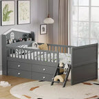 Lit double en bois Whisen, lit plateforme avec 4 tiroirs de rangement, tête de lit avec barrière de protection et échelle