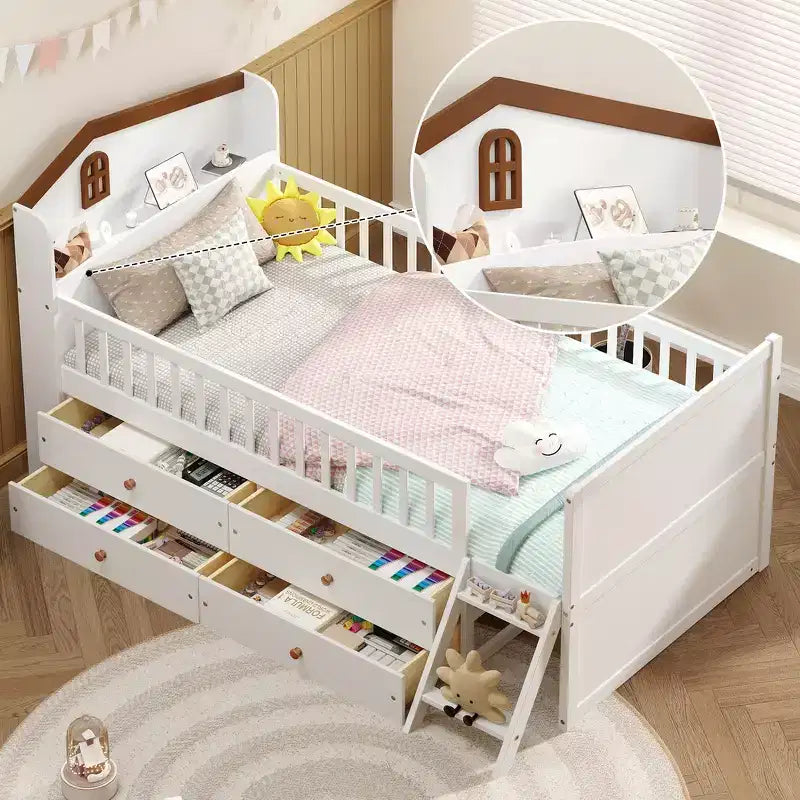 Lit double en bois Whisen, lit plateforme avec 4 tiroirs de rangement, tête de lit avec barrière de protection et échelle