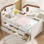 Lit double en bois Whisen, lit plateforme avec 4 tiroirs de rangement, tête de lit avec barrière de protection et échelle