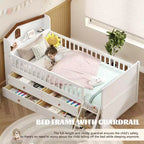 Lit double en bois Whisen, lit plateforme avec 4 tiroirs de rangement, tête de lit avec barrière de protection et échelle