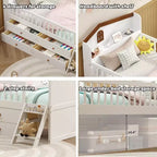 Lit double en bois Whisen, lit plateforme avec 4 tiroirs de rangement, tête de lit avec barrière de protection et échelle