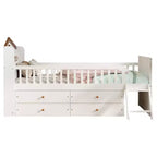 Lit double en bois Whisen, lit plateforme avec 4 tiroirs de rangement, tête de lit avec barrière de protection et échelle