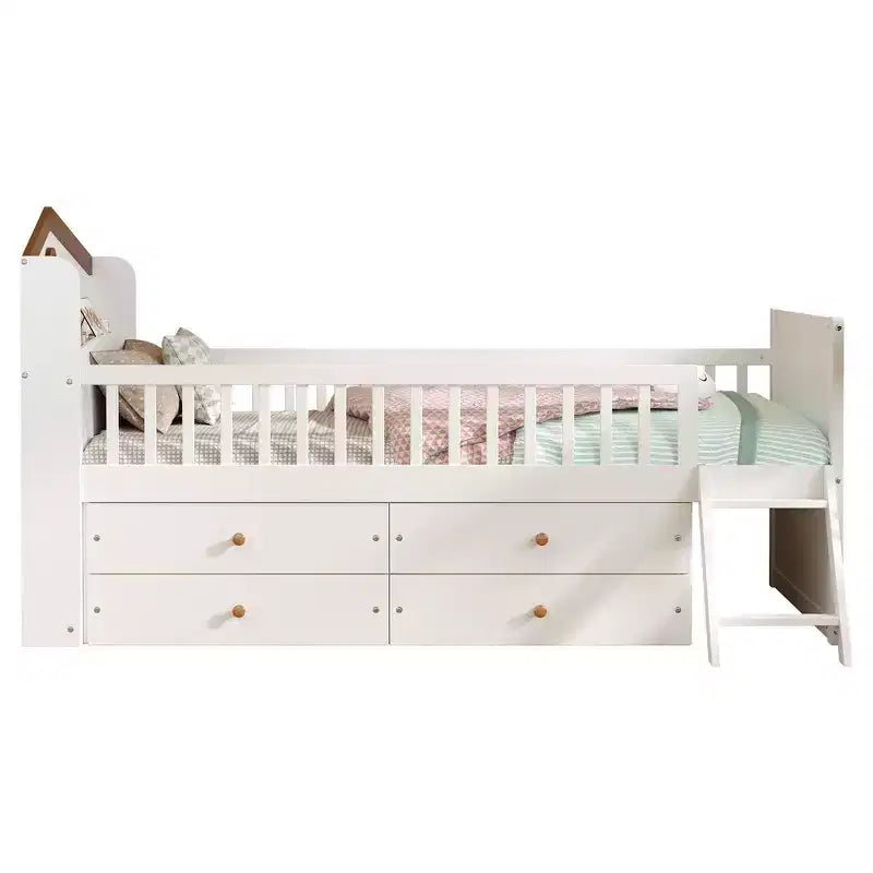 Lit double en bois Whisen, lit plateforme avec 4 tiroirs de rangement, tête de lit avec barrière de protection et échelle