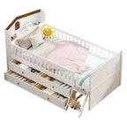 Lit double en bois Whisen, lit plateforme avec 4 tiroirs de rangement, tête de lit avec barrière de protection et échelle