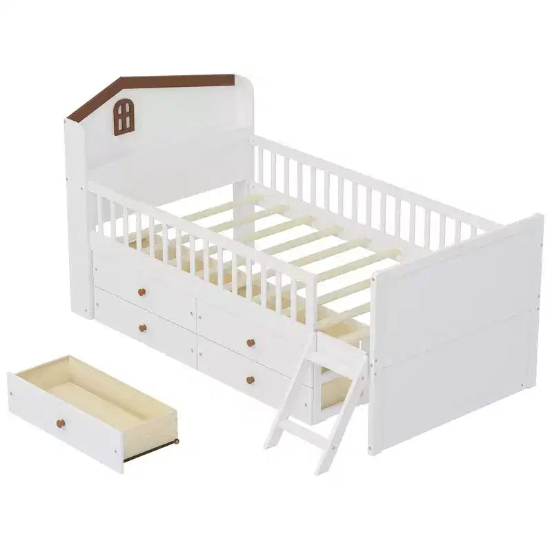 Lit double en bois Whisen, lit plateforme avec 4 tiroirs de rangement, tête de lit avec barrière de protection et échelle