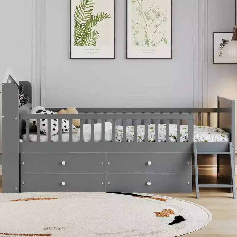 Lit double en bois Whisen, lit plateforme avec 4 tiroirs de rangement, tête de lit avec barrière de protection et échelle