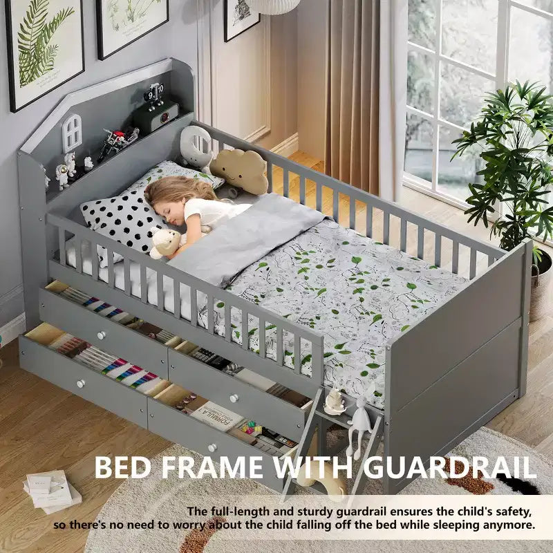 Lit double en bois Whisen, lit plateforme avec 4 tiroirs de rangement, tête de lit avec barrière de protection et échelle