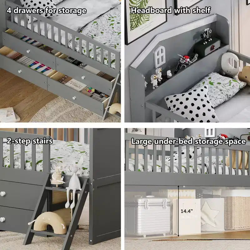 Lit double en bois Whisen, lit plateforme avec 4 tiroirs de rangement, tête de lit avec barrière de protection et échelle