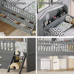 Lit double en bois Whisen, lit plateforme avec 4 tiroirs de rangement, tête de lit avec barrière de protection et échelle