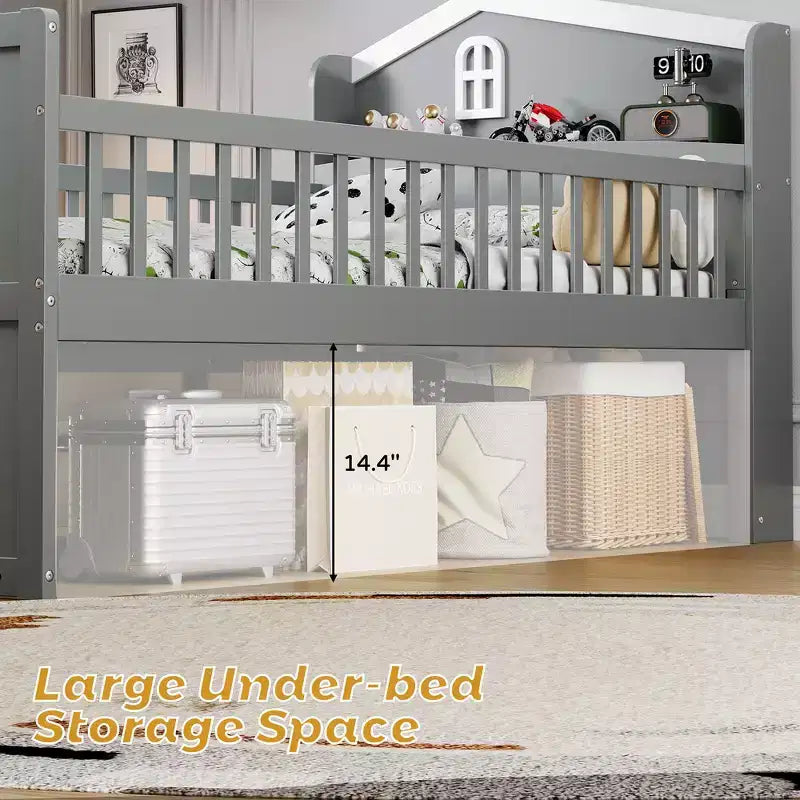 Lit double en bois Whisen, lit plateforme avec 4 tiroirs de rangement, tête de lit avec barrière de protection et échelle