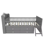 Lit double en bois Whisen, lit plateforme avec 4 tiroirs de rangement, tête de lit avec barrière de protection et échelle