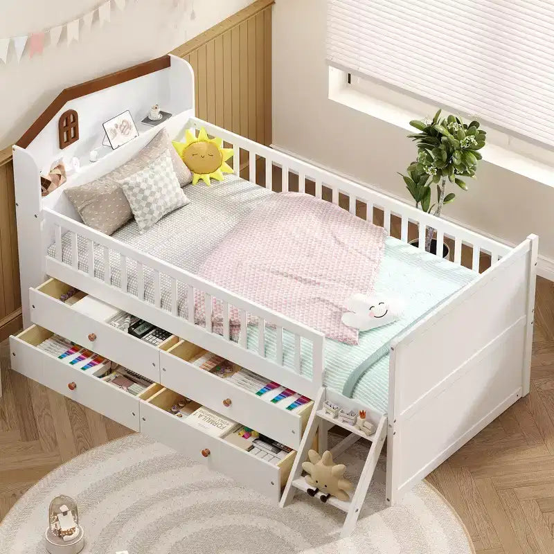 Lit double en bois Whisen, lit plateforme avec 4 tiroirs de rangement, tête de lit avec barrière de protection et échelle
