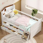 Lit double en bois Whisen, lit plateforme avec 4 tiroirs de rangement, tête de lit avec barrière de protection et échelle