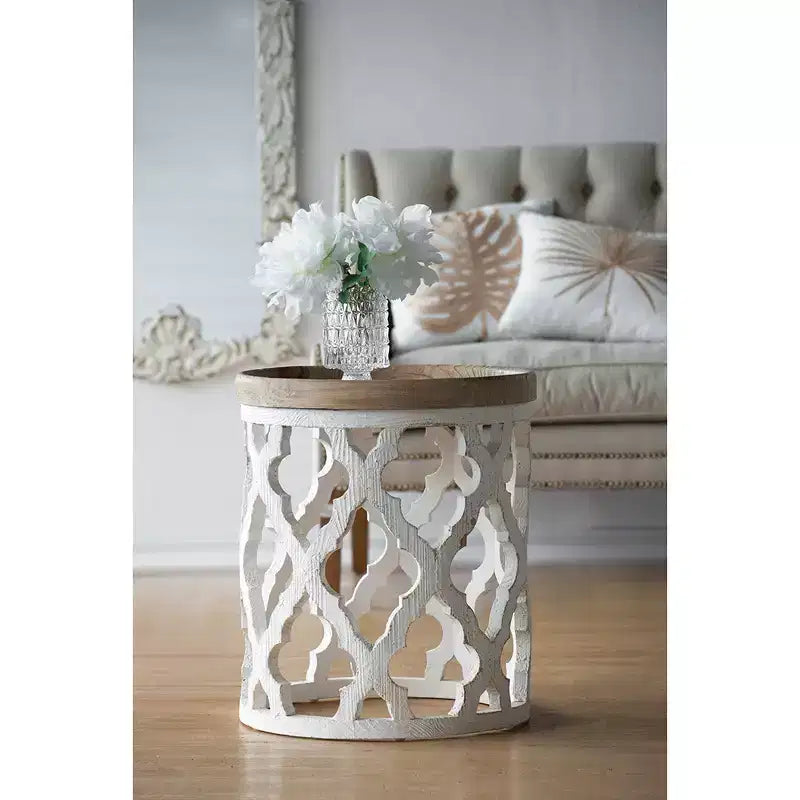Grande table d'appoint blanche vieillie
