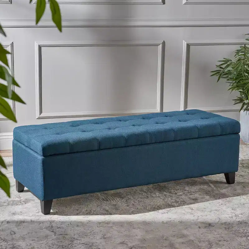 Banc de rangement TUYOHW avec capitonnage gaufré, banc de rangement avec pieds en bois, banc d'entrée pour salon, chambre, bleu marine