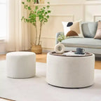 Okak Ottomans de rangement modernes gigognes de 2 en tissu lin avec plateau en bois, Repose-pieds rembourré et Table basse ronde