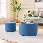Okak Ottomans de rangement modernes gigognes de 2 en tissu lin avec plateau en bois, Repose-pieds rembourré et Table basse ronde