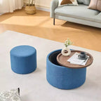 Okak Ottomans de rangement modernes gigognes de 2 en tissu lin avec plateau en bois, Repose-pieds rembourré et Table basse ronde