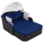 Transat d'extérieur CLIHOME avec auvent réglable, double chaise longue, lit de repos en rotin PE, osier et coussin noirs.