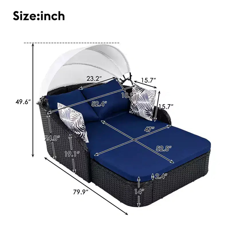 Transat d'extérieur CLIHOME avec auvent réglable, double chaise longue, lit de repos en rotin PE, osier et coussin noirs.