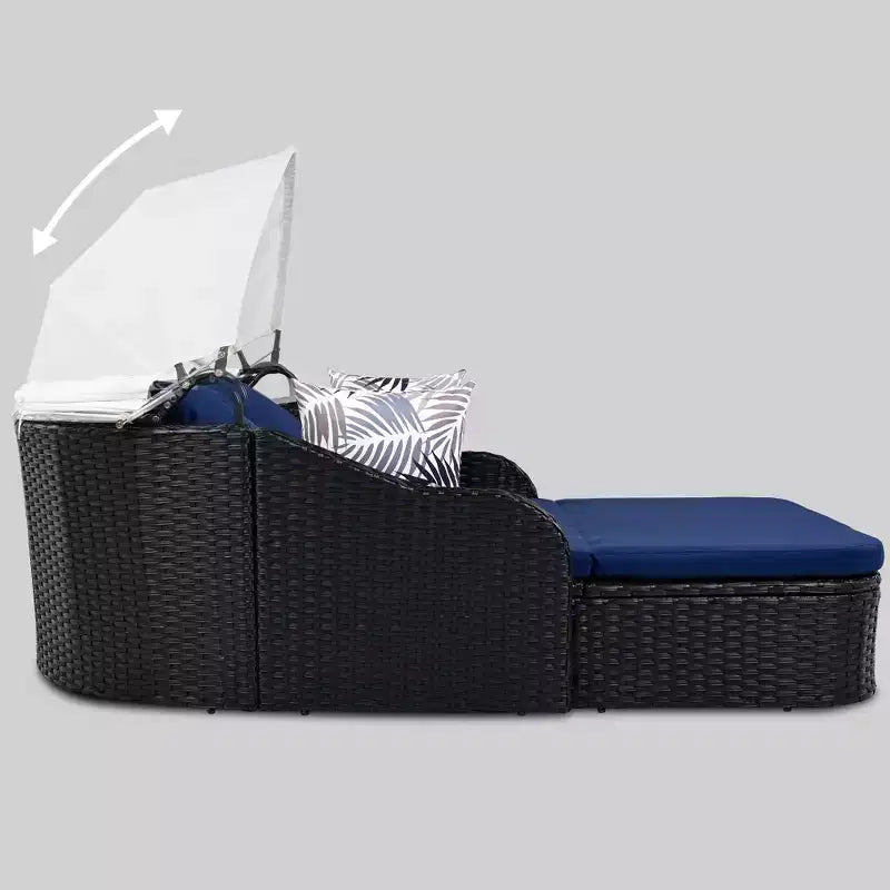 Transat d'extérieur CLIHOME avec auvent réglable, double chaise longue, lit de repos en rotin PE, osier et coussin noirs.