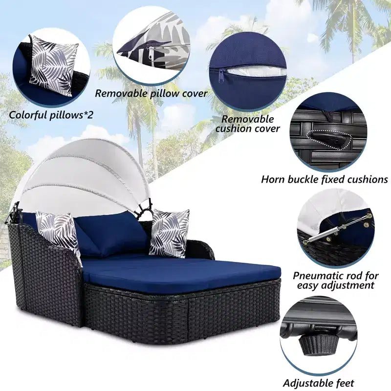 Transat d'extérieur CLIHOME avec auvent réglable, double chaise longue, lit de repos en rotin PE, osier et coussin noirs.