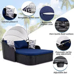 Transat d'extérieur CLIHOME avec auvent réglable, double chaise longue, lit de repos en rotin PE, osier et coussin noirs.