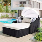 Transat d'extérieur CLIHOME avec auvent réglable, double chaise longue, lit de repos en rotin PE, osier et coussin noirs.