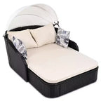 Transat d'extérieur CLIHOME avec auvent réglable, double chaise longue, lit de repos en rotin PE, osier et coussin noirs.
