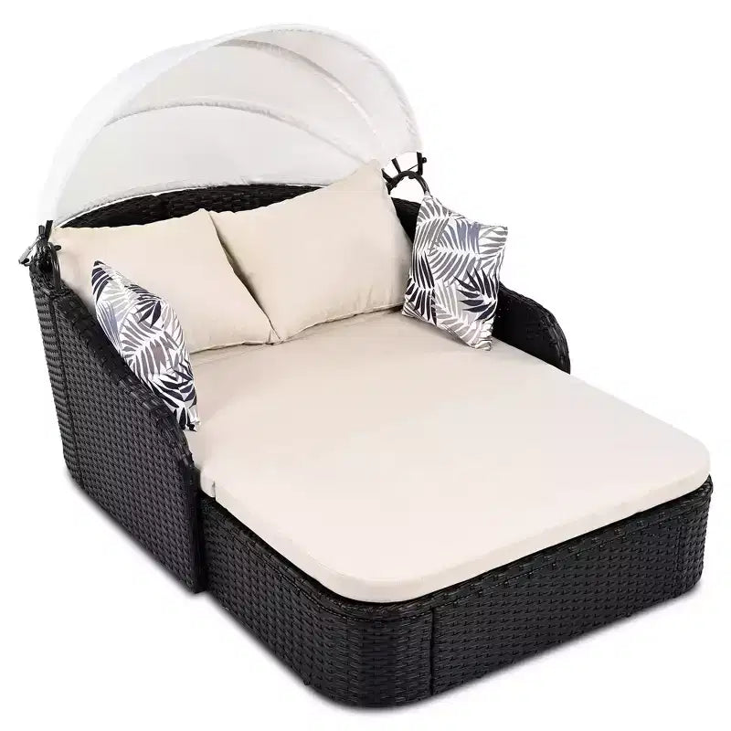 Transat d'extérieur CLIHOME avec auvent réglable, double chaise longue, lit de repos en rotin PE, osier et coussin noirs.