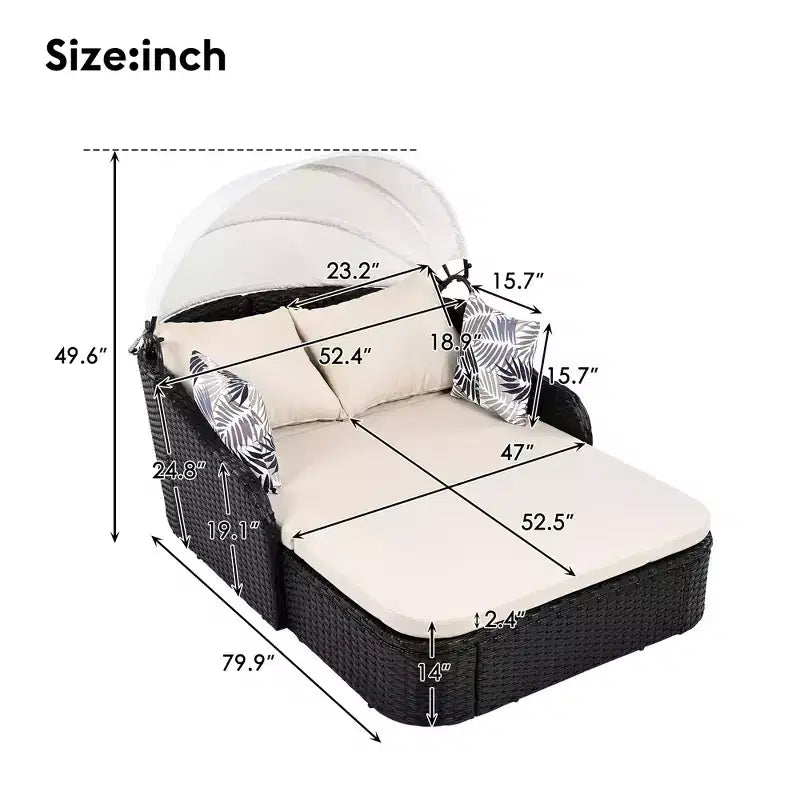 Transat d'extérieur CLIHOME avec auvent réglable, double chaise longue, lit de repos en rotin PE, osier et coussin noirs.