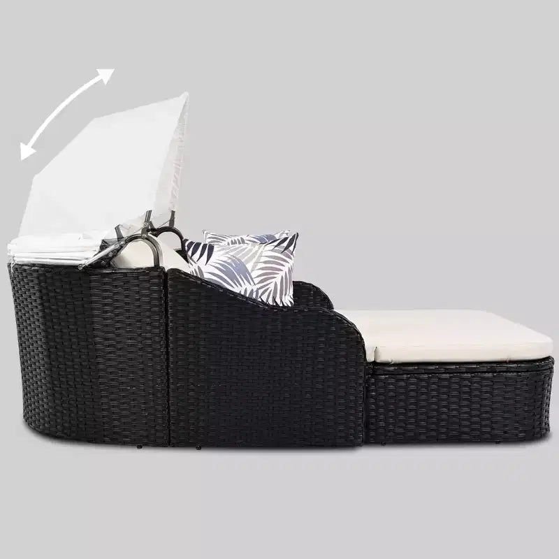 Transat d'extérieur CLIHOME avec auvent réglable, double chaise longue, lit de repos en rotin PE, osier et coussin noirs.