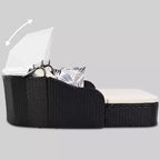 Transat d'extérieur CLIHOME avec auvent réglable, double chaise longue, lit de repos en rotin PE, osier et coussin noirs.